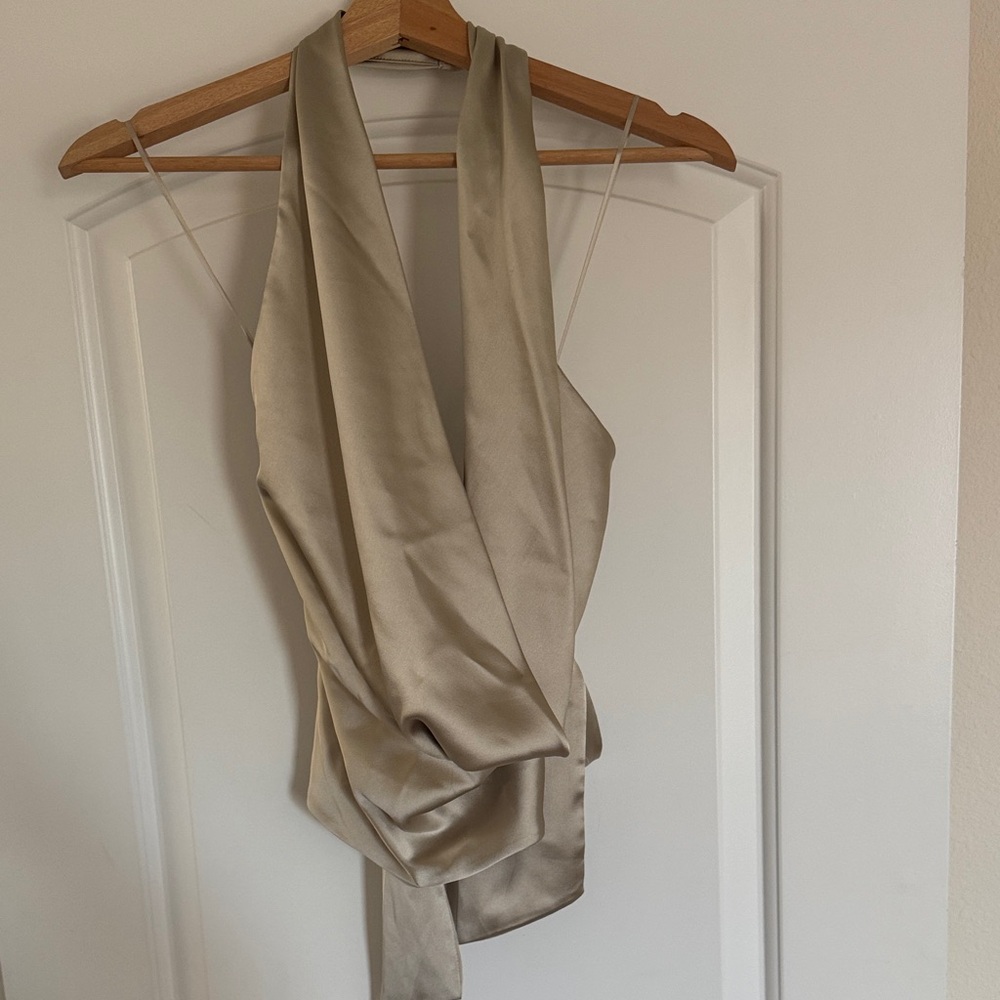 Zara Satin Wrap Top in Beige
